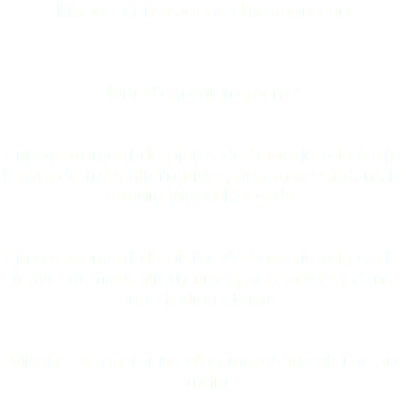 Mixage et mastering d'un morceau Jour d'enregistrement** Enregistrement de pistes de batterie à la carte (envoi de trois alternatives, non mixées) dans le studio Wood Records Enregistrement de pistes de batterie à la carte (envoi de trois alternatives, non mixées) dans un studio externe Mixage et mastering d'un morceau externe au studio
