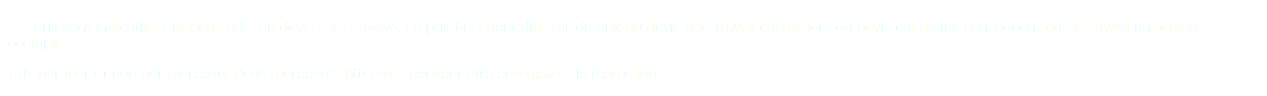 
*Ces prix sont indicatifs. Sur demande, un devis sera envoyé. Le prix final peut différer du prix du devis si le travail estimé lors du devis est moins conséquent que le travail finalement accompli. **Prix par jour et non par morceau. Deux morceaux différents peuvent être enregistrés le même jour.
