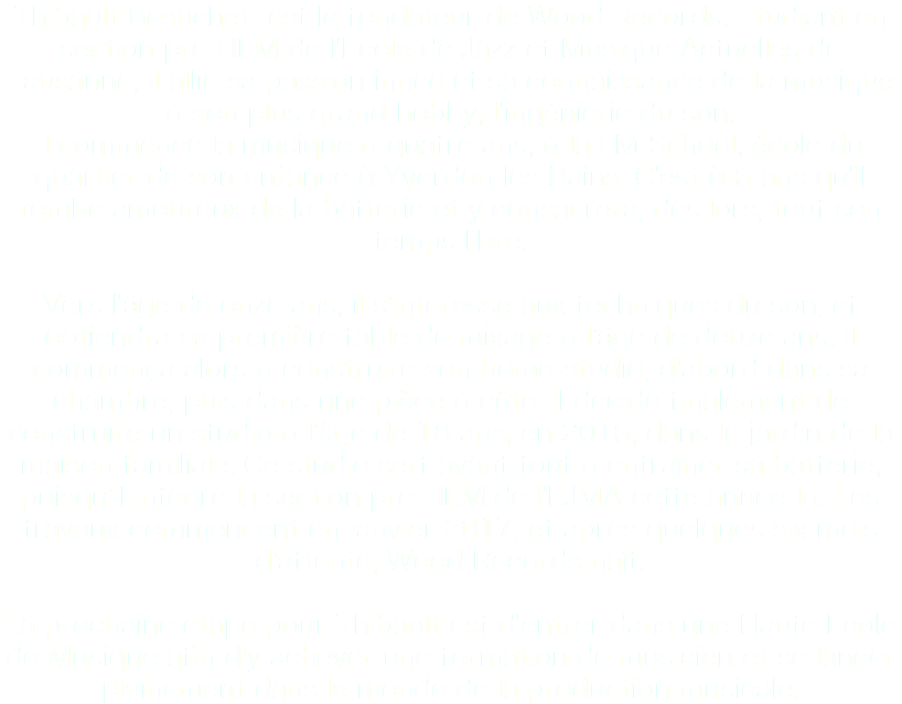 Thibault Besuchet est le fondateur de Wood Records. Etudiant en section pré-HEM de l'Ecole de Jazz et Musique Actuelles de Lausanne, il allie sa passion innée et sa connaissance de la musique à son plus grand hobby, l'ingénierie du son. Il commence la musique à quatre ans, à la FM School, école du quartier de son enfance à Yverdon-les-Bains. C'est à 6 ans qu'il tombe amoureux de la batterie et y consacrera, dès lors, tout son temps libre. Vers l'âge de onze ans, il s'intéresse aux techniques du son, et obtiendra sa première table de mixage à l'âge de douze ans. Il commença alors à construire son home-studio, d'abord dans sa chambre, puis dans une pièce à côté. Il décide finalement de construire un studio à l'âge de 18 ans, en 2016, dans le jardin de la maison familiale. Ce studio sert avant-tout à entraîner sa batterie, puisqu'il intègre la section pré-HEM de l'EJMA cette année-là. Les travaux commencent en janvier 2017, et après quelques six mois d'attente, Wood Records naît. La prochaine étape pour Thibault est d'entrer dans une Haute Ecole de Musique afin d'y achever une formation de musicien et se lancer pleinement dans le monde de la production musicale.