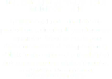 Une collaboration avec la whitefox prod La WhiteFox Prod - une boîte de production audiovisuelle yverdonnoise - a mandaté Wood Records pour différents travaux de composition et d'illustrations sonores. Le résultat est à découvrir sur leur chaîne YouTube. https://www.youtube.com/channel/UCVc6PX0Gtl0aPNIIk0RjlYw 